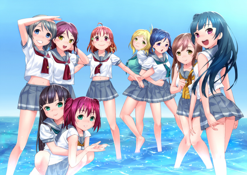 6+girls black_hair blonde_hair blue_eyes blue_hair braid brown_eyes brown_hair green_eyes green_neckerchief grey_hair grey_sailor_collar grey_skirt grin hair_bun kunikida_hanamaru kurosawa_dia kurosawa_ruby long_hair looking_at_viewer love_live! love_live!_sunshine!! matsuura_kanan multiple_girls neckerchief ohara_mari purple_hair red_eyes red_neckerchief redhead ribbon rumil sakurauchi_riko school_uniform serafuku short_hair side_braid skirt smile takami_chika tsushima_yoshiko violet_eyes wading watanabe_you water yellow_eyes yellow_neckerchief yellow_ribbon