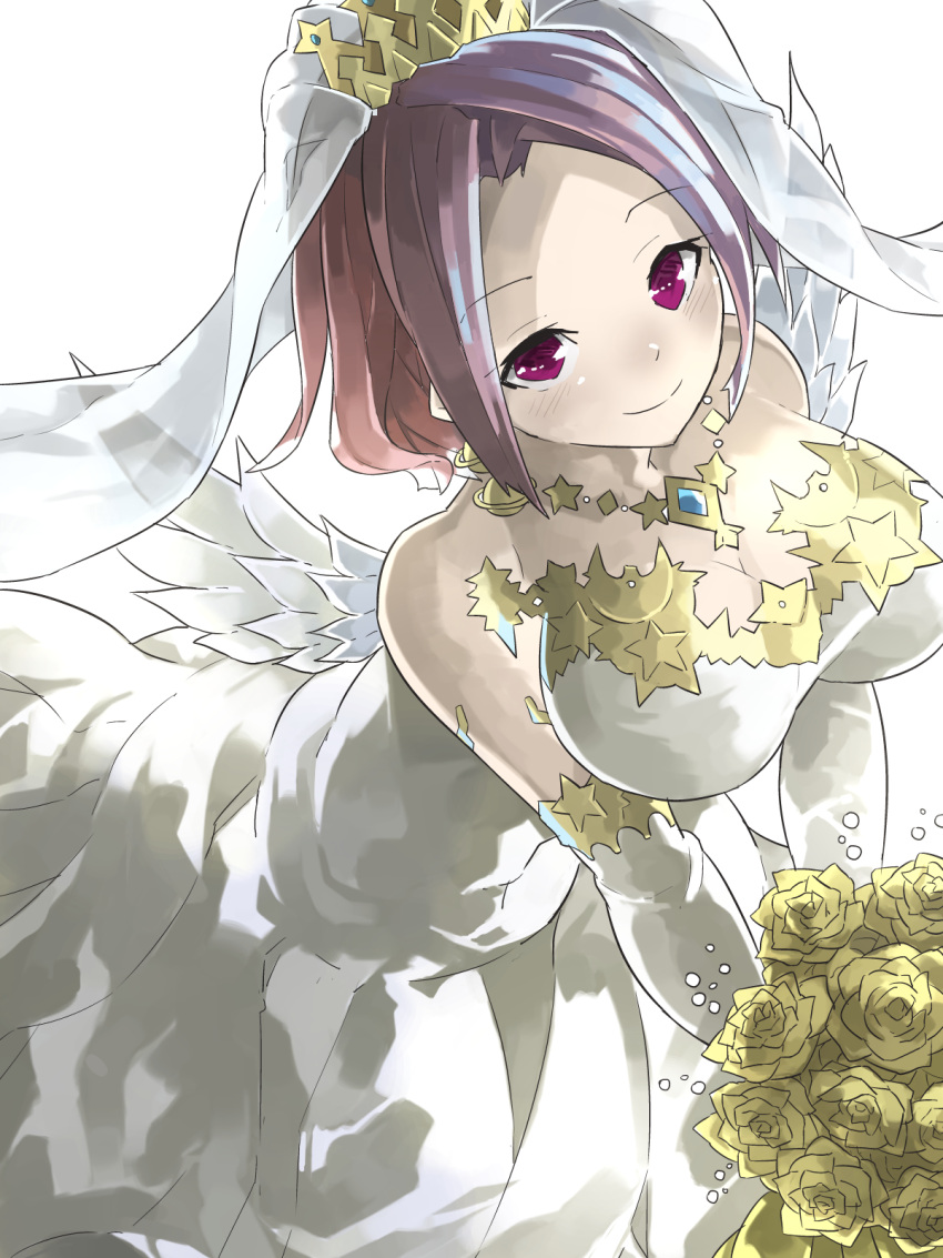 1girl bare_shoulders blush bouquet breasts cleavage closed_mouth commentary_request dress elbow_gloves eschamali_(p&amp;d) eyebrows_visible_through_hair eyelashes flower gem gloves gold_trim highres holding holding_bouquet jewelry large_breasts looking_at_viewer looking_up mosamune necklace purple_hair puzzle_&amp;_dragons rose see-through short_hair simple_background smile solo strapless strapless_dress taut_clothes taut_dress v_arms veil violet_eyes white_background white_dress white_gloves wings yellow_flower yellow_rose