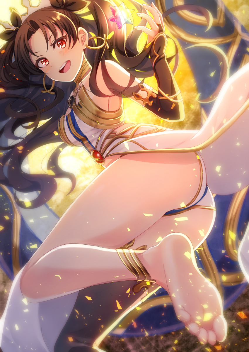 1girl ass asymmetrical_legwear bare_shoulders barefoot black_hair breasts earrings elbow_gloves fate/grand_order fate_(series) feet gem gloves hair_ribbon highres hoop_earrings ishtar_(fate/grand_order) jewelry kurono_kito long_hair looking_at_viewer red_eyes ribbon single_elbow_glove single_thighhigh smile soles solo thigh-highs toes tohsaka_rin two_side_up