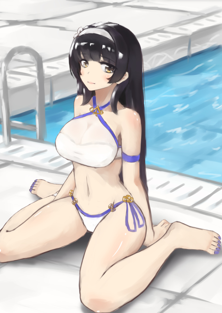 1girl absurdres artist_request bare_shoulders bikini black_hair breasts cleavage girls_frontline headband highres large_breasts long_hair looking_at_viewer navel pedicure pool qbz-95_(girls_frontline) see-through side-tie_bikini sitting solo swimsuit tagme wariza white_bikini yellow_eyes