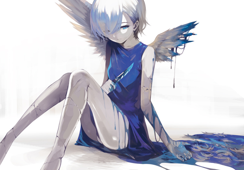 1girl angel angel_wings bare_legs bare_shoulders blood bloody_hands bloody_weapon blue_blood blue_dress blue_eyes closed_mouth commentary_request cracked_skin dress eyes_visible_through_hair feathers holding holding_knife injured_wings injury knife looking_down original panties short_hair sitting sleeveless sleeveless_dress solo tokiti underwear weapon white_hair white_panties white_wings wings
