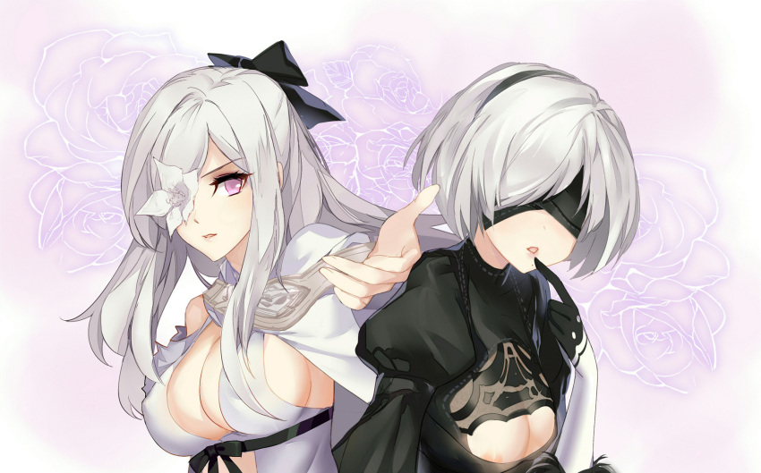 2girls bangs bare_shoulders black_bow black_dress black_hairband black_ribbon blindfold bow breasts cape cleavage covered_eyes crossover drag-on_dragoon drag-on_dragoon_3 dress finger_to_mouth fingernails floral_background flower flower_eyepatch gekka_nanako gloves hair_bow hair_over_eyes hair_over_one_eye hairband hand_up highres index_finger_raised juliet_sleeves lips long_hair long_sleeves looking_at_viewer medium_breasts mole mole_under_mouth multiple_girls nier_(series) nier_automata nose open_mouth parted_lips pink_eyes pink_lips puffy_sleeves reaching reaching_out ribbed_dress ribbon rose short_hair silver_hair sweatdrop turtleneck upper_body white_cape white_dress white_flower white_hair yorha_no._2_type_b zero_(drag-on_dragoon)