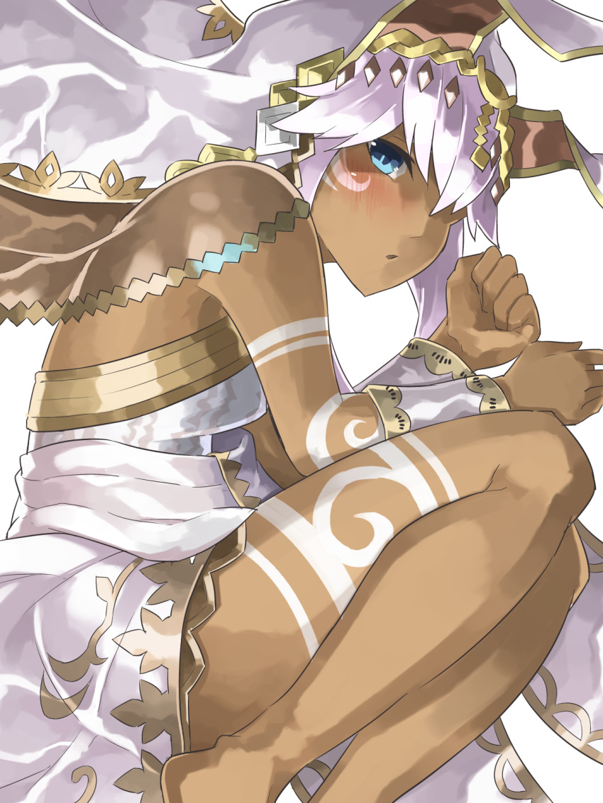 1girl bangs bare_legs barefoot blue_eyes blush bodypaint bracer clenched_hands commentary_request dark_skin egyptian egyptian_clothes from_side gold_trim hands_up headdress highres knees_up long_hair looking_at_viewer looking_to_the_side mosamune parted_lips puzzle_&amp;_dragons simple_background solo sopdet_(p&amp;d) white_background white_hair