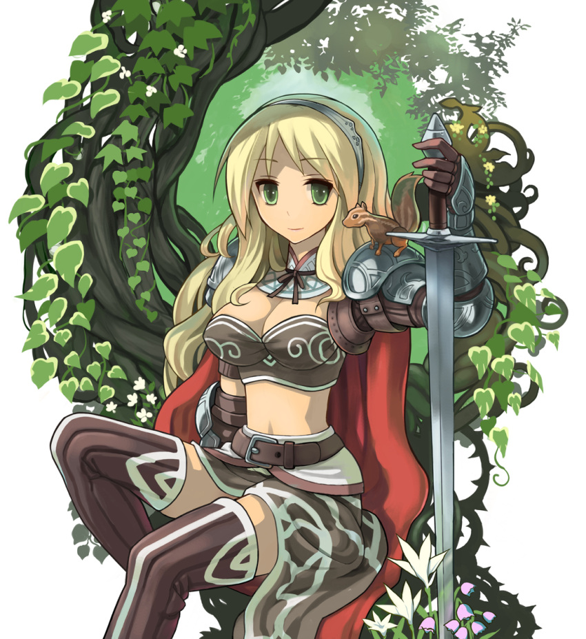 1girl animal animal_on_shoulder armor belt bikini_armor blonde_hair bow breasts brown_gloves brown_legwear cape cleavage crop_top detached_collar floral_background flower gloves green_eyes hair_bow hairband highres ivy light_smile long_hair looking_at_viewer medium_breasts midriff original pauldrons sitting skirt solo squirrel sword thigh-highs tree vambraces weapon yuugiri zettai_ryouiki