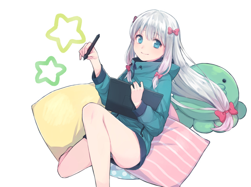 1girl aqua_eyes bow eromanga_sensei hair_bow highres izumi_sagiri jacket long_hair looking_at_viewer pillow pink_bow saino_(sainoomisaki) silver_hair simple_background smile solo star striped_pillow stuffed_animal stuffed_octopus stuffed_toy stylus tablet_pc white_background