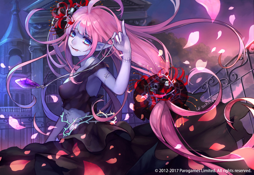 1girl ahoge artist_name banshee black_dress blue_eyes blue_skin castle dated dress eudemons fence hair_ornament hair_tie lf_(paro) long_hair necklace_removed official_art original petals pink_hair pinky_out skull skull_hair_ornament solo stitches tears thorns tongue tongue_out very_long_hair watermark