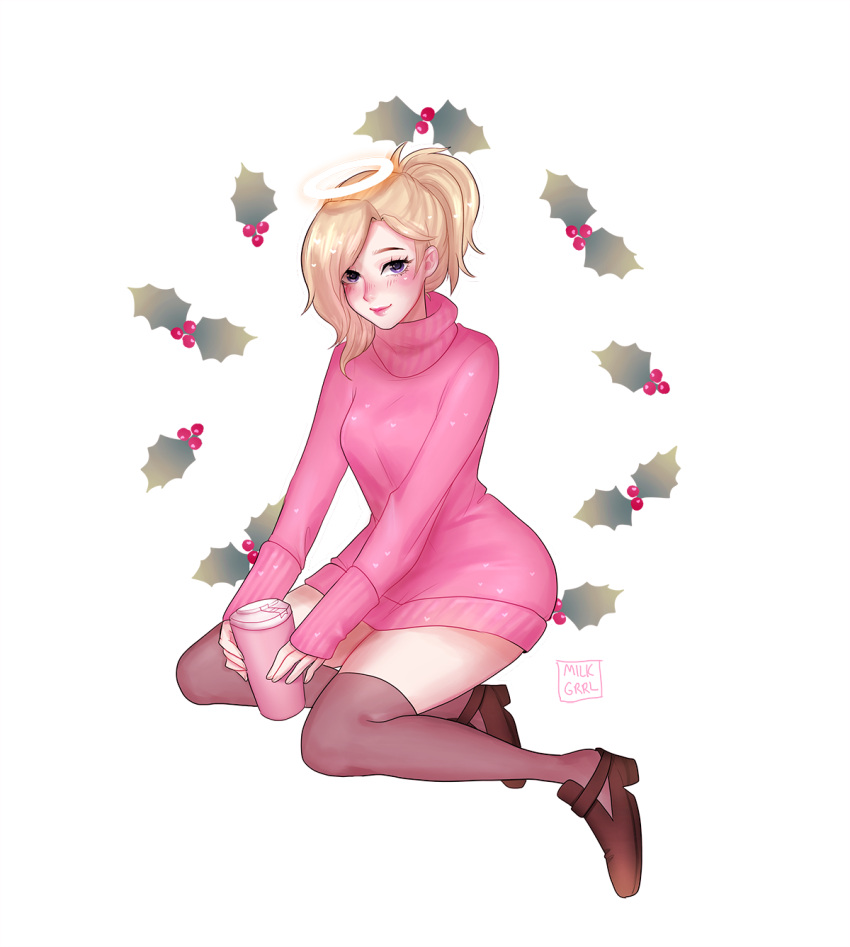 1girl alternate_costume artist_name black_legwear black_shoes blonde_hair blush breasts closed_mouth commentary cup halo highres holly long_sleeves looking_at_viewer medium_breasts mercy_(overwatch) milkgrrl mistletoe nose_blush overwatch pink_sweater shoes simple_background sitting sleeves_past_wrists solo sweater thigh-highs white_background yokozuwari