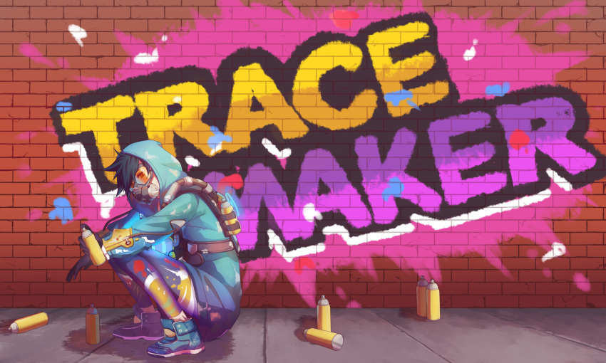 1girl alternate_costume black_hair brick_wall gas_mask gloves goggles graffiti graffiti_tracer highres hood hoodie looking_at_viewer mask nyasa overwatch solo spray_can squatting tracer_(overwatch) wall