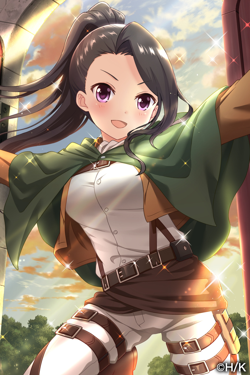 1girl :d absurdres alternative_girls asymmetrical_hair black_hair brown_jacket capelet clouds cloudy_sky cosplay day dress_shirt grey_pants high_ponytail highres holster jacket long_hair looking_at_viewer military military_uniform one_leg_raised open_clothes open_jacket open_mouth outdoors pants saionji_rei shingeki_no_kyojin shirt sky smile solo sparkle standing thigh_holster uniform violet_eyes white_shirt