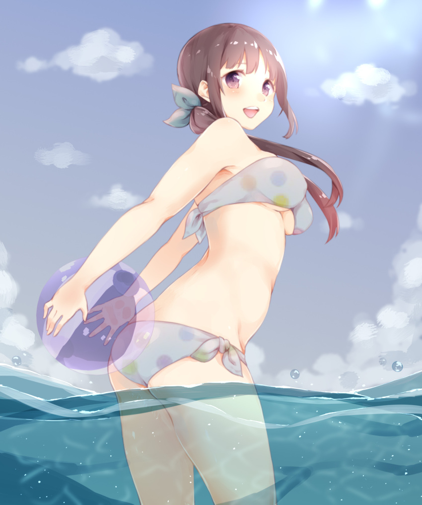 1girl :d ass ball bandeau bangs bare_shoulders beachball bikini blue_bikini blush bow breasts brown_hair day from_side hair_bow highres holding holding_ball long_hair looking_at_viewer looking_back low_twintails manatsuki_manata medium_breasts ocean open_mouth original outdoors polka_dot polka_dot_bikini side-tie_bikini sidelocks smile solo swimsuit tareme teeth thighs twintails under_boob unmoving_pattern violet_eyes wading water