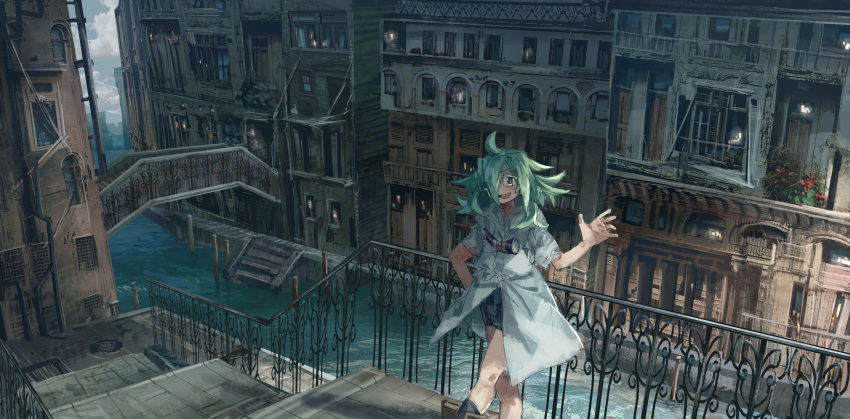 1girl ahoge architecture boots bridge canal city green_hair hair_over_one_eye hand_on_hip highres horn_(instrument) ironwork jacket july_(shichigatsu) kneehighs looking_at_viewer messy_hair open_mouth orange_eyes original railing short_sleeves shorts sketch smile solo waving white_jacket