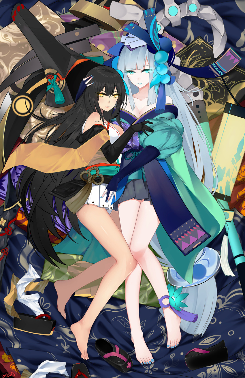 2girls barefoot bba1985 black_gloves black_hair blue_lips breasts cleavage collarbone elbow_gloves eyebrows_visible_through_hair feet from_above full_body gloves green_eyes grey_skirt hair_ornament highres japanese_clothes kimono lipstick long_hair looking_at_viewer lying makeup medium_breasts miniskirt multiple_girls on_side on_stomach onmyoji panties shoes_removed silver_hair skirt toenail_polish toes underwear very_long_hair white_panties white_skirt yaodao_ji yellow_eyes