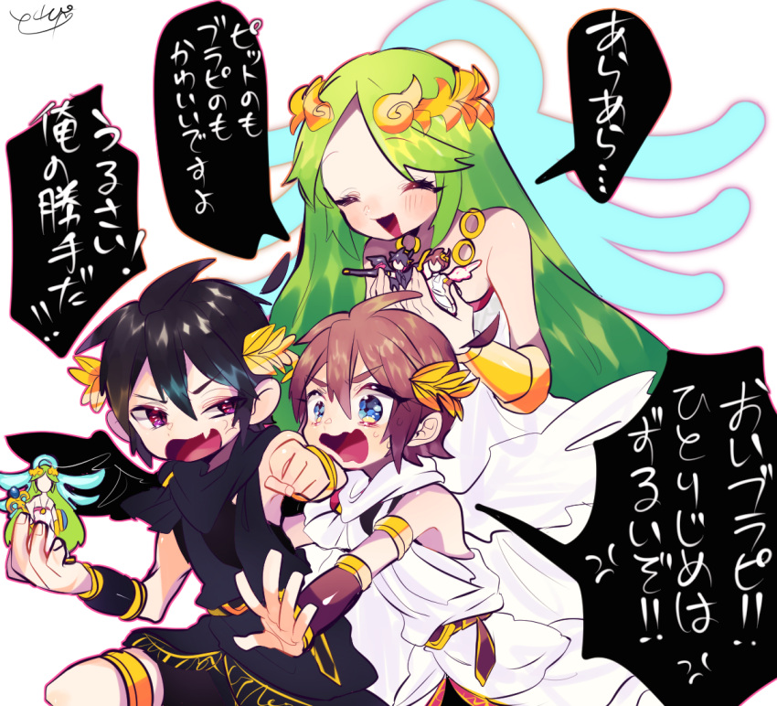 1girl 2boys black_hair blue_eyes blush bracer breasts brown_hair dark_pit green_eyes green_hair jewelry kid_icarus kid_icarus_uprising long_hair multiple_boys necklace open_mouth palutena pit_(kid_icarus) red_eyes smile super_smash_bros. tiara translation_request very_long_hair wings