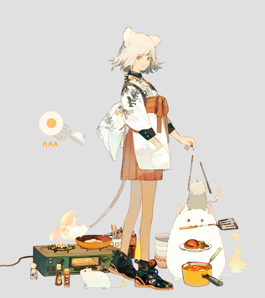 1girl animal_ears bowl character_request copyright_request egg food frying_pan highres kukka ladle looking_at_viewer mouse mouse_ears mouse_tail orange_eyes orange_ribbon original oven plate pot ribbon smile spatula stove tail white_hair