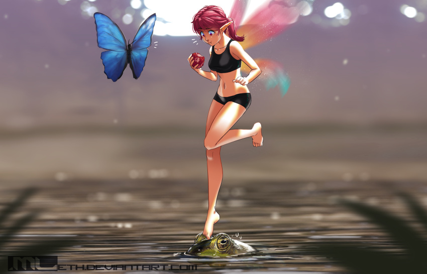 1girl :t artist_name balancing barefoot berry bite_mark black_bra black_panties blue_butterfly blurry bra breasts butterfly chewing closed_mouth commentary day depth_of_field deviantart_username eating erylia_(mleth) eyebrows_visible_through_hair fairy fairy_wings fantasy food frog fruit highres holding holding_fruit lake leg_up looking_down medium_breasts minigirl mleth navel on_animal original outdoors panties pink_eyes pink_hair plant pointy_ears ponytail raised_eyebrow short_hair solo sports_bra standing standing_on_one_leg stomach sunlight tiptoes underwear underwear_only water watermark web_address wings