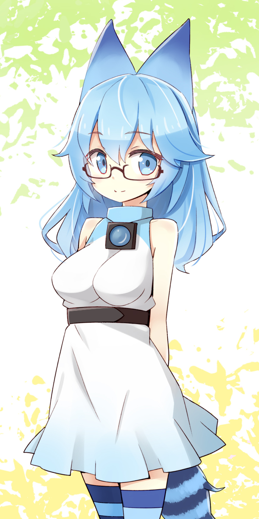 1girl absurdres animal_ears arms_behind_back arms_up bangs bare_arms bare_shoulders blue_eyes blue_hair blue_legwear blush breasts closed_mouth colored_striped cowboy_shot dress eyebrows_visible_through_hair glasses highres humanization kemono_friends long_hair looking_at_viewer lucky_beast_(kemono_friends) medium_breasts renren_(ah_renren) semi-rimless_glasses shiny shiny_hair sleeveless sleeveless_dress smile standing striped striped_legwear tail tareme thigh-highs two-tone_background under-rim_glasses underbust white_dress zettai_ryouiki