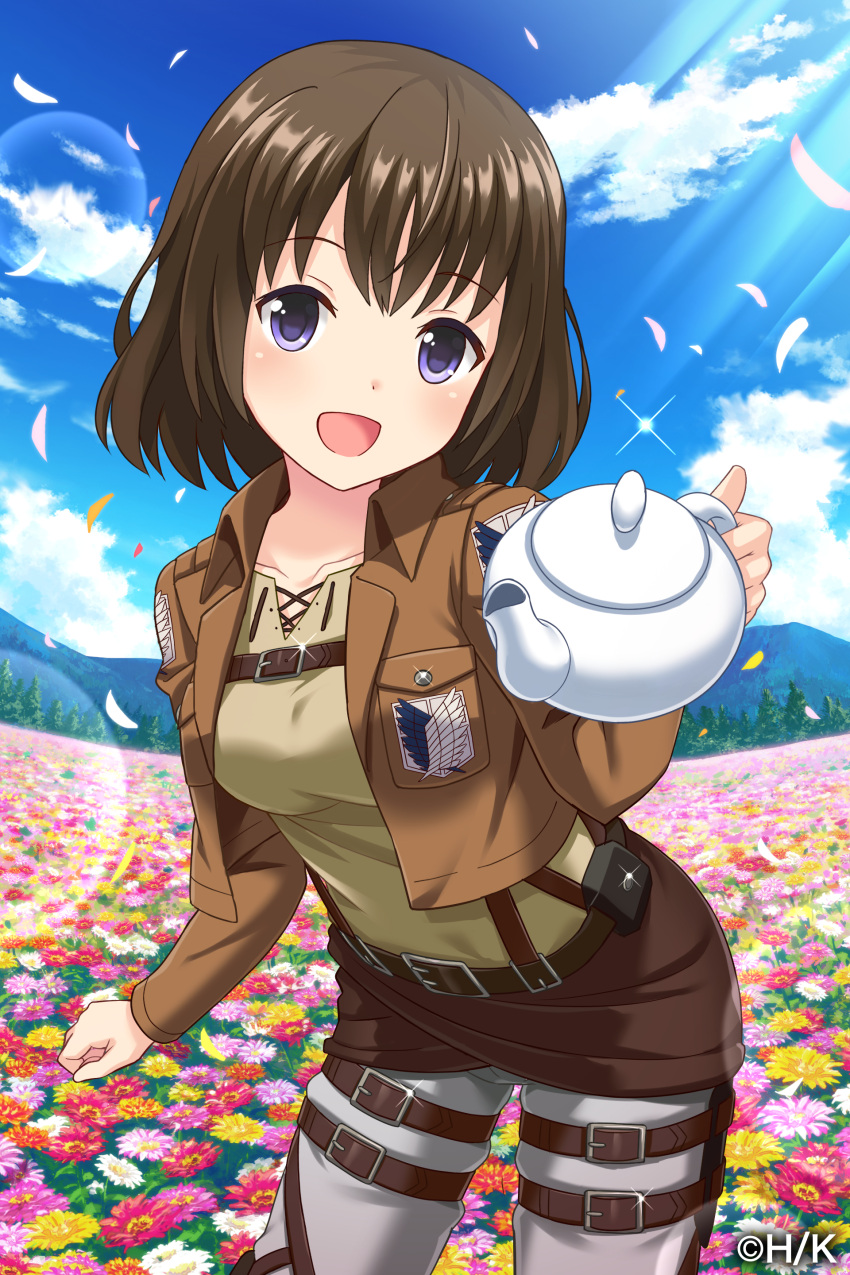1girl :d absurdres alternative_girls asahina_nono blue_eyes blush brown_hair brown_jacket brown_shirt brown_skirt cosplay cowboy_shot day eyebrows_visible_through_hair field flower flower_field grey_pants highres holster jacket lens_flare looking_at_viewer military military_uniform open_clothes open_jacket open_mouth outdoors pants pink_flower red_flower shingeki_no_kyojin shirt short_hair skirt smile solo standing suspender_skirt suspenders thigh_holster uniform white_flower yellow_flower