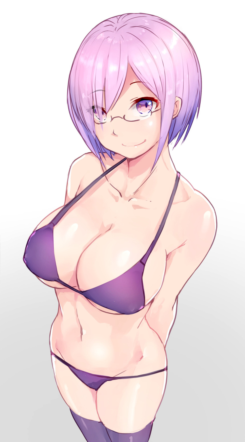 1girl absurdres arms_behind_back bikini breasts cleavage collarbone commentary_request erect_nipples eyebrows_visible_through_hair eyes_visible_through_hair fate/grand_order fate_(series) foreshortening glasses gradient gradient_background gradient_hair highres large_breasts looking_at_viewer multicolored_hair navel purple_bikini purple_legwear shielder_(fate/grand_order) shiny shiny_skin short_hair skindentation smile solo standing strap_gap swimsuit thigh-highs violet_eyes wse