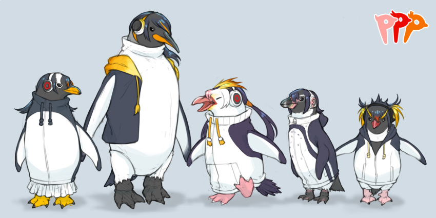 bird blue_background emperor_penguin_(kemono_friends) gentoo_penguin_(kemono_friends) giant_penguin_(kemono_friends) headphones humboldt_penguin_(kemono_friends) kemono_friends kemonomichi_(blue_black) king_penguin_(kemono_friends) no_humans penguin penguins_performance_project_(kemono_friends) rockhopper_penguin_(kemono_friends) royal_penguin_(kemono_friends) simple_background