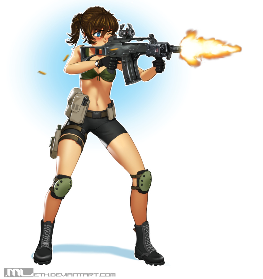 1girl aiming artist_name assault_rifle bike_shorts black_boots black_gloves black_shorts blue_background blue_eyes blush boots brooke_(mleth) brown_hair casing_ejection cross-laced_footwear deviantart_username eyebrows_visible_through_hair fire firing full_body g36 gloves gradient gradient_background green_bikini_top gun highres holding holding_gun holding_weapon knee_pads lace-up_boots looking_ahead looking_to_the_side mleth muzzle_flash navel one_eye_closed original ponytail pouch rifle shell_casing shorts simple_background solo stomach two-tone_background watch watch watermark weapon web_address white_background