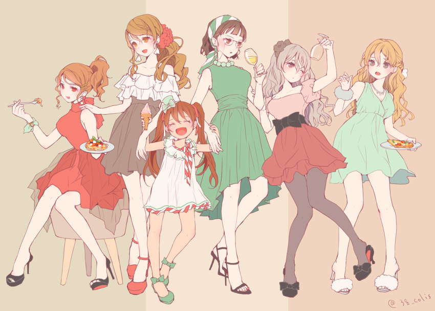 6+girls :o :s ^_^ ^o^ adapted_costume alternate_costume aquila_(kantai_collection) artist_name bandanna bare_legs bare_shoulders blindfold blush bow braid breasts brown_eyes chair closed_eyes colis cup dress drinking_glass drunk earrings food fork french_braid full_body green_bow green_dress green_hat green_shoes hair_ornament hairclip hand_holding hat hat_bow head_tilt height_difference high_heels holding holding_food holding_glass ice_cream ice_cream_cone italian_clothes jewelry kantai_collection layered_skirt legs_crossed libeccio_(kantai_collection) littorio_(kantai_collection) medium_breasts mini_hat mini_top_hat multiple_girls necklace no_legwear no_socks open_mouth open_toe_shoes pantyhose pasta pearl_necklace pola_(kantai_collection) ponytail puffy_short_sleeves puffy_sleeves red_dress red_eyes red_shoes red_skirt roma_(kantai_collection) scrunchie see-through shoes short_dress short_sleeves sitting skirt sleeveless sleeveless_dress slice_of_pizza spaghetti standing standing_on_one_leg strappy_heels thigh_gap top_hat twintails two-tone_background watson_cross wavy_hair white_dress wine_glass wrist_scrunchie wristband zara_(kantai_collection)