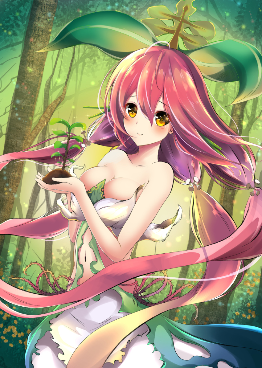 1girl amagami_(makise_tsubaki) bare_shoulders blush breasts cleavage closed_mouth collarbone dress forest granblue_fantasy hair_ornament highres leaf leaf_on_head long_hair looking_at_viewer medium_breasts nature navel navel_cutout pink_hair plant plant_girl quad_tails sapling smile solo standing thorns very_long_hair vines yellow_eyes yggdrasill_(granblue_fantasy)