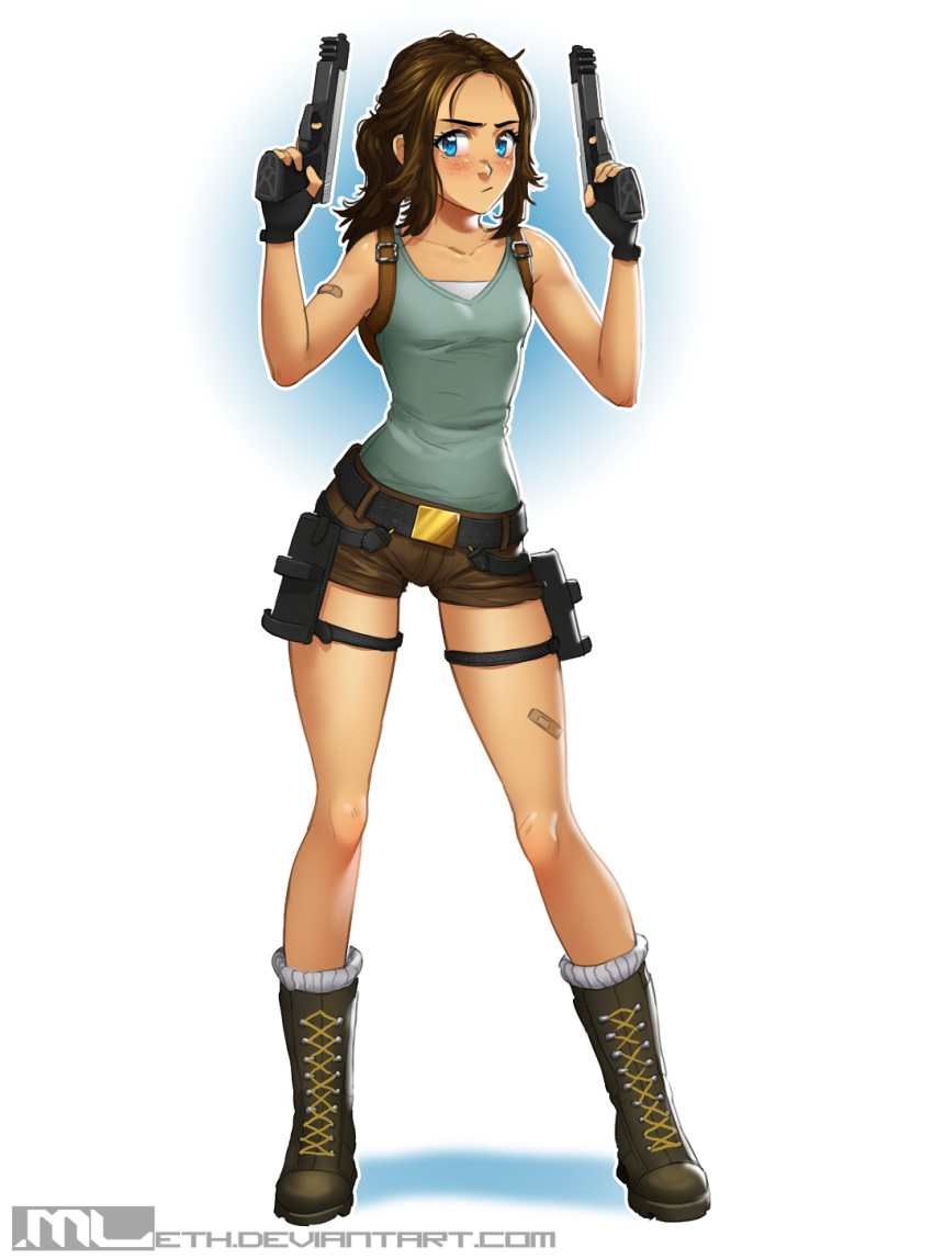 1girl :/ aiming_up alternate_eye_color aqua_shirt artist_name bandaid_on_leg bare_shoulders belt blue_background boots breasts brooke_(mleth) brown_boots brown_hair brown_shoes buckle closed_mouth cosplay cross-laced_footwear crossover denim denim_shorts deviantart_username dual_wielding eyebrows eyelashes finger_on_trigger freckles full_body gold gradient gradient_background gun handgun highres hips holding holding_gun holding_weapon lace-up_boots lara_croft lara_croft_(cosplay) leg_strap long_hair looking_at_viewer mleth shirt shoes shorts simple_background sleeveless sleeveless_shirt small_breasts solo standing tank_top thighs tomb_raider two-tone_background watermark weapon web_address white_background