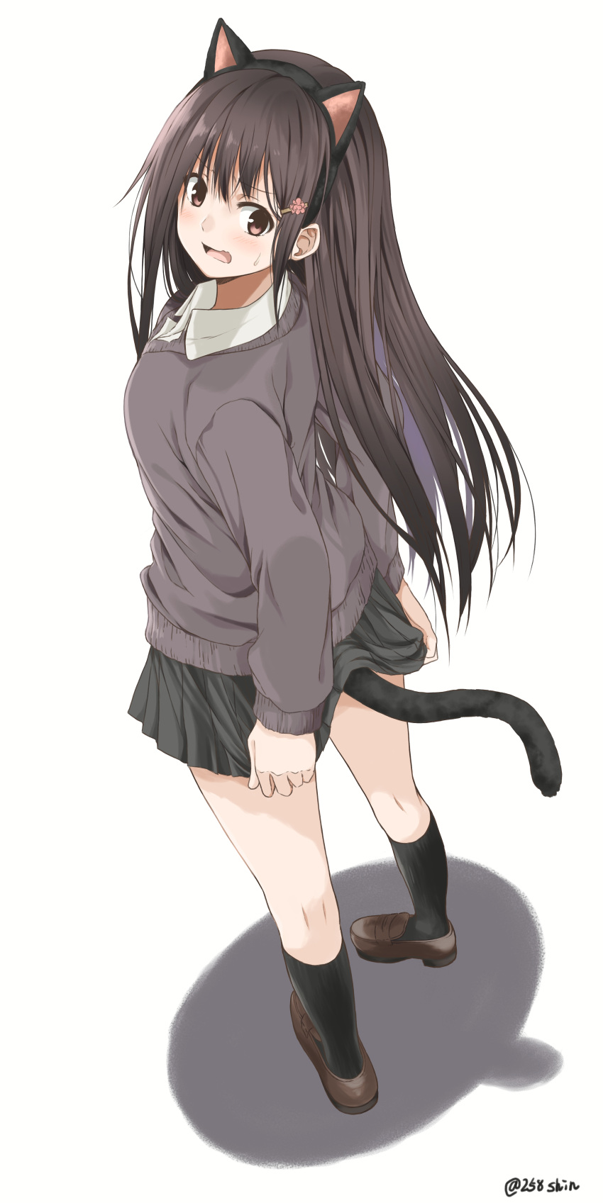 1girl absurdres amu_(258shin) animal_ears black_hair black_legwear black_skirt blush brown_eyes brown_shoes brown_sweater cat_ears cat_tail commentary_request dress_shirt fake_animal_ears from_above from_behind full_body hair_ornament hairclip highres kneepits long_hair looking_at_viewer looking_back open_mouth original pigeon-toed pleated_skirt school_uniform shadow shirt shoes simple_background skirt skirt_tug solo standing sweatdrop tail twitter_username white_background white_skirt