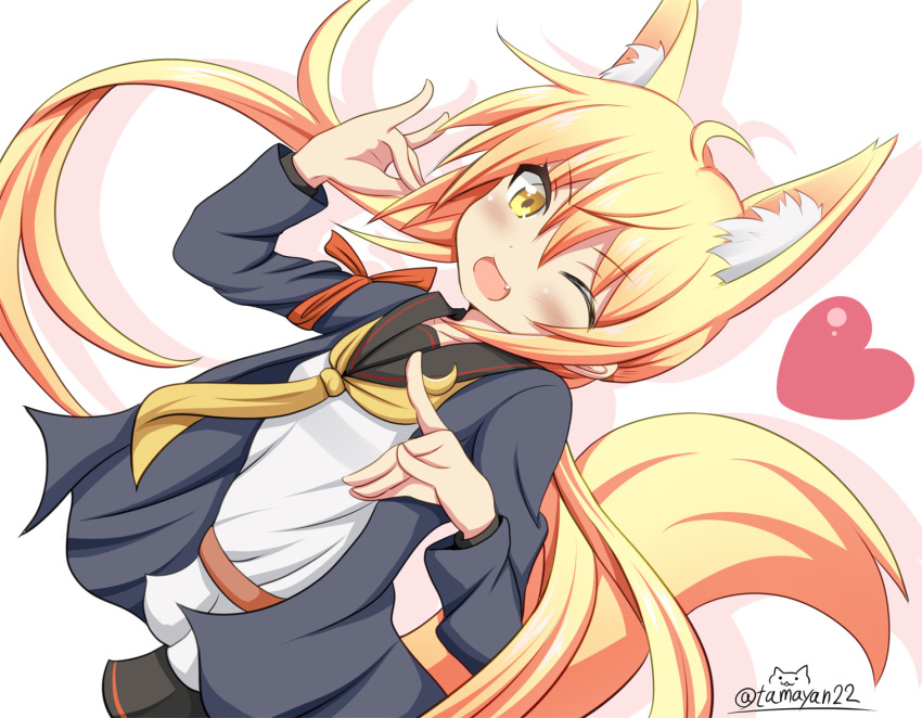 1girl animal_ears armband blonde_hair blush crescent fang fingers_together fox_ears fox_tail kantai_collection kemonomimi_mode looking_at_viewer low_twintails neckerchief one_eye_closed open_mouth remodel_(kantai_collection) satsuki_(kantai_collection) school_uniform serafuku skirt smile solo tail tamayan twintails
