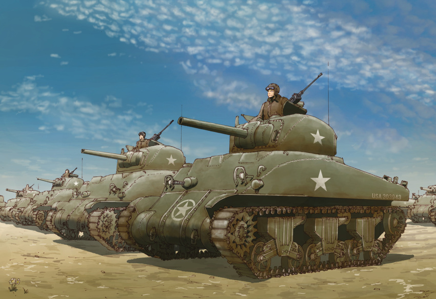 4boys clouds earasensha flower ground_vehicle gun m4_sherman machine_gun military military_vehicle motor_vehicle multiple_boys real_life sky tank weapon