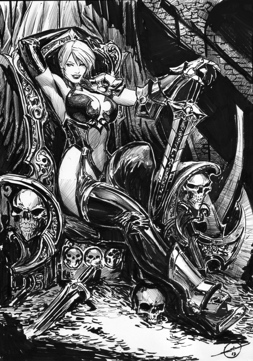 arm_over_head armor armpits bare_shoulders boots breasts choker elbow_gloves gauntlets gloves greyscale highres isabella_valentine large_breasts monochrome short_hair shoulder_armor shoulder_pads sitting sitting_on_object skull smile solo soul_calibur soulcalibur soulcalibur_iii stjepan_sejic sword thigh-highs thigh_boots treasure weapon