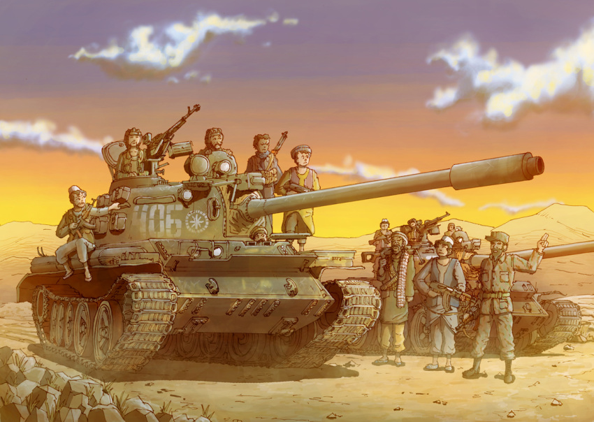 6+boys ak-47 ammunition_belt assault_rifle clouds day earasensha evening grass ground_vehicle gun machine_gun military military_vehicle motor_vehicle multiple_boys real_life rifle rock sky t-55 tank weapon