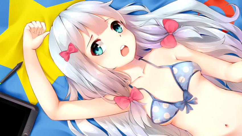 1girl arm_up bangs bare_arms bare_shoulders bed_sheet bikini blue_eyes blush bow breasts buck_teeth collarbone drawing_tablet eromanga_sensei eyebrows_visible_through_hair from_above gradient gradient_hair green_eyes hair_bow hair_ornament highres ilham izumi_sagiri lavender_hair long_hair lying multicolored_hair navel on_back on_bed open_mouth pink_bow purple_hair round_teeth sidelocks silver_hair solo star stylus swimsuit teeth upper_body upper_teeth