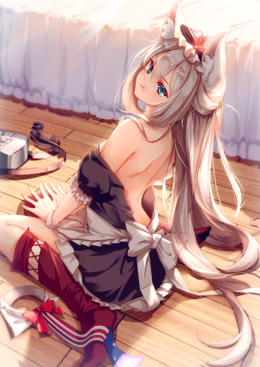 1girl :t angry animal_ears apron arched_back armband back backlighting bangs bare_back bare_shoulders bed bent_knees between_legs bilan_hangxian black_dress blue_eyes blush clouble dress flag_print frilled_apron frills from_behind hair_between_eyes hair_ribbon highres indoors long_hair looking_at_viewer looking_back maid necktie necktie_removed no_shoes off-shoulder_dress off_shoulder on_floor open-back_dress over-kneehighs pout red_legwear red_ribbon ribbon short_dress shoulder_blades silver_hair sitting solo spread_fingers sunlight tearing_up tears thigh-highs thighhighs_pull v_arms very_long_hair waist_apron wariza wooden_floor wrist_cuffs