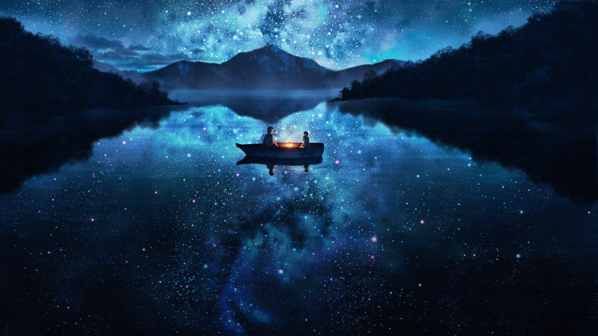 1boy 1girl blue boat dark from_behind lake lantern looking_at_another mountain natsu_(hottopeppa3390) nature night night_sky original outdoors reflection scenery sitting sky star_(sky) starry_sky wallpaper watercraft