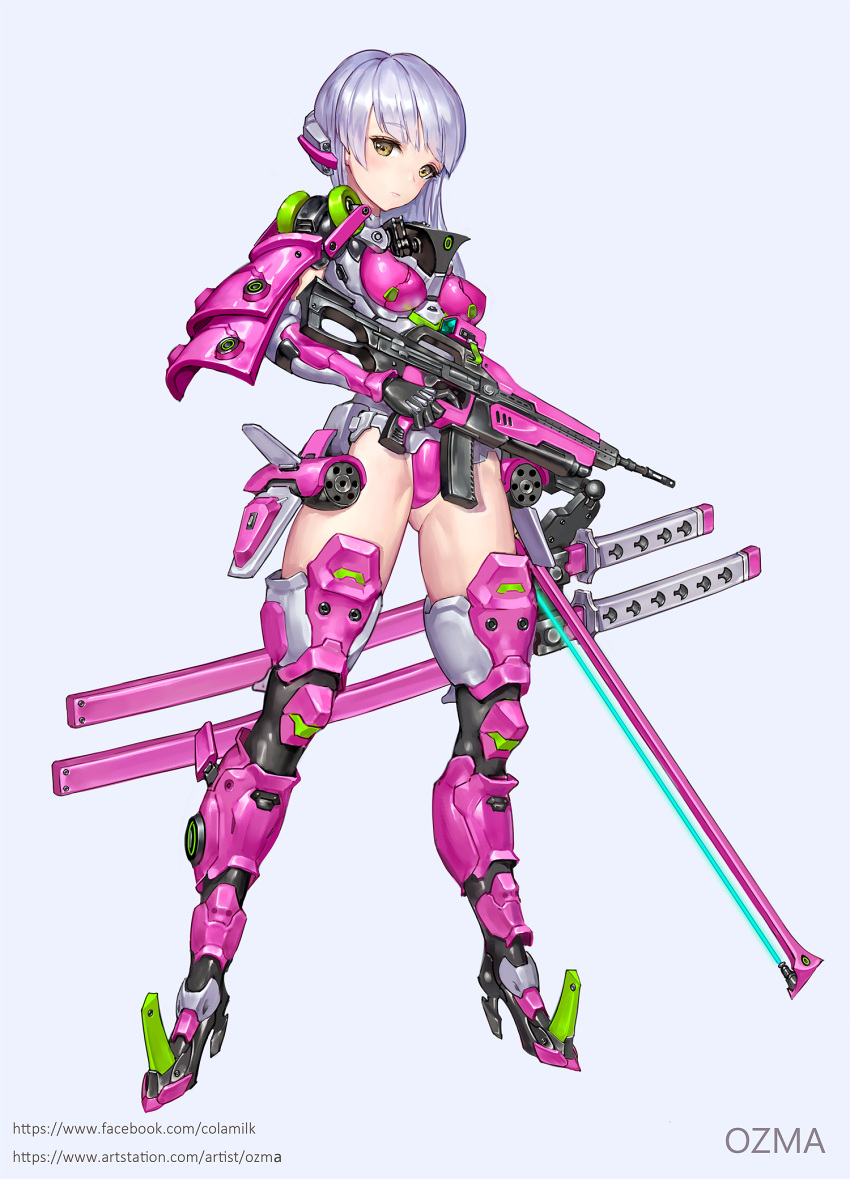 1girl armor armored_boots artist_name artstation_username assault_rifle bangs black_gloves black_legwear blunt_bangs boots breastplate breasts closed_mouth commentary eyebrows_visible_through_hair facebook_username finger_on_trigger full_body gatling_gun gloves gluteal_fold gun headphones highres holding holding_gun holding_weapon japanese_armor japanese_clothes katana knee_pads lavender_hair legs_apart looking_at_viewer medium_breasts minigun original ozma power_suit rifle scabbard sheath sheathed short_hair single_pauldron sode solo standing sword thigh-highs weapon yellow_eyes