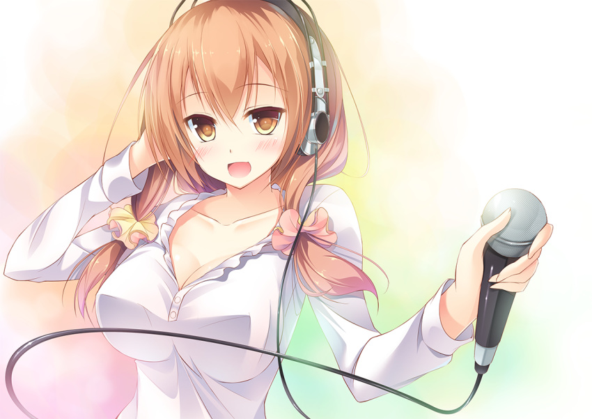 1girl bangs blush breasts brown_eyes brown_hair cleavage eyebrows_visible_through_hair hair_between_eyes hand_on_headphones headphones holding holding_microphone large_breasts long_hair looking_at_viewer massan microphone open_mouth original smile solo upper_body