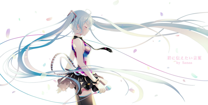 1girl absurdly_long_hair ahoge artist_name black_legwear black_necktie black_skirt blue_hair blush breasts closed_eyes from_side hair_ornament hatsune_miku highres holding holding_microphone long_hair medium_breasts microphone necktie sanaa see-through shirt sideboob simple_background skirt sleeveless sleeveless_shirt solo standing thigh-highs twintails very_long_hair vocaloid white_background zettai_ryouiki