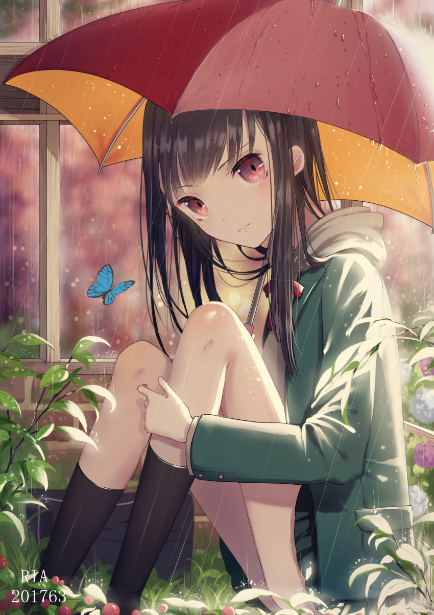 1girl :| absurdres artist_name bangs black_legwear black_skirt blunt_bangs blush bow bowtie butterfly closed_mouth commentary_request dated eyebrows_visible_through_hair flower from_side green_jacket hand_on_own_leg head_tilt highres holding holding_umbrella hood hood_down hooded_jacket hydrangea insect jacket kneehighs knees_up leaf light_smile lips long_hair long_sleeves looking_at_viewer looking_to_the_side miniskirt on_ground open_clothes open_jacket original outdoors plant rain red_bow red_bowtie red_eyes red_umbrella saikou-iro_aurora sitting skinny skirt solo sunlight thighs umbrella water water_drop