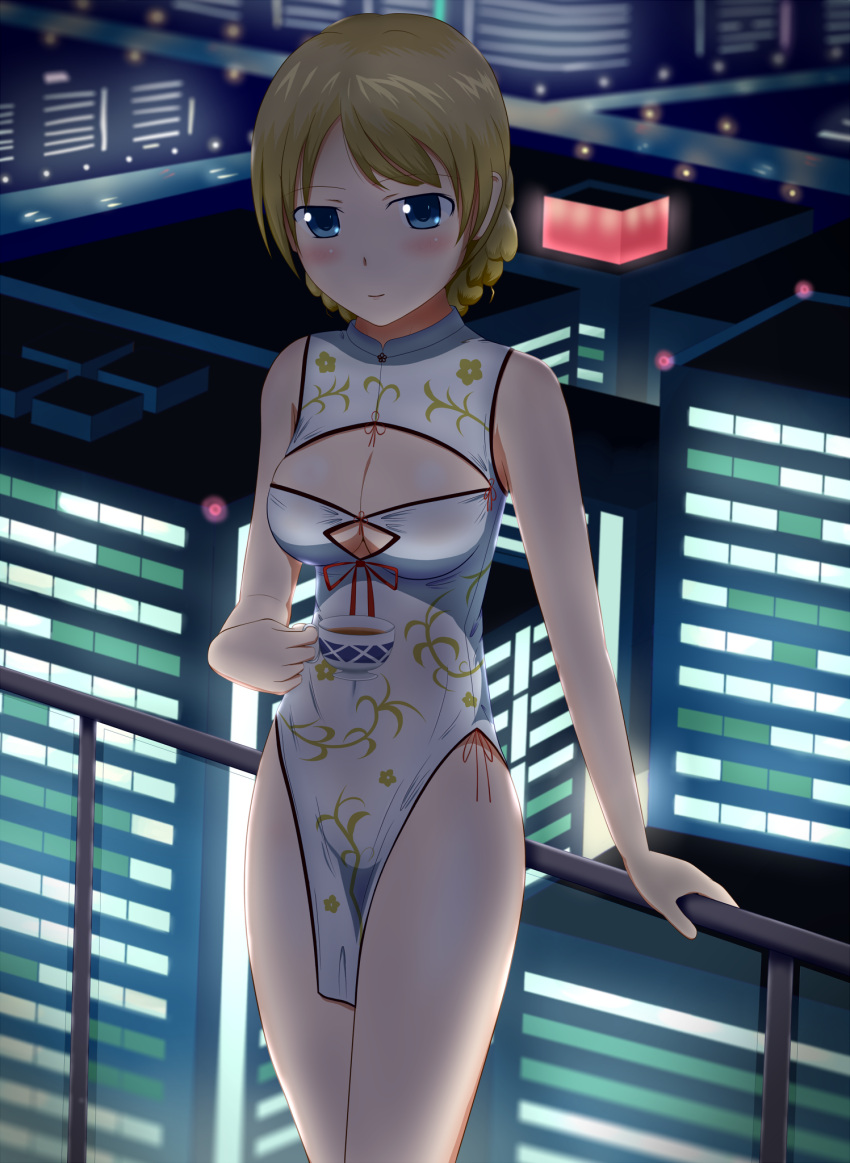 1girl bare_shoulders blonde_hair blue_eyes blush braid breasts china_dress chinese_clothes city_lights cityscape cleavage cleavage_cutout cup darjeeling dress girls_und_panzer highleg highres leaning_on_rail legs medium_breasts railing solo tea teacup thighs