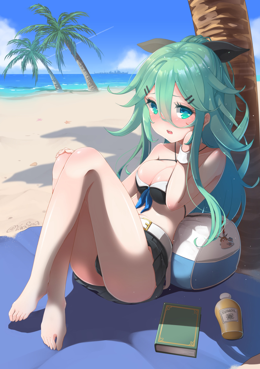 1girl absurdres adapted_costume barefoot beach bikini black_ribbon black_skirt blush book breasts cleavage day full_body green_eyes green_hair hair_between_eyes hair_ribbon highres kantai_collection large_breasts long_hair ocean open_mouth pleated_skirt ribbon ship sitting skirt solo swimsuit teeth toes tree twitter_username watercraft yamakaze_(kantai_collection) yaosera