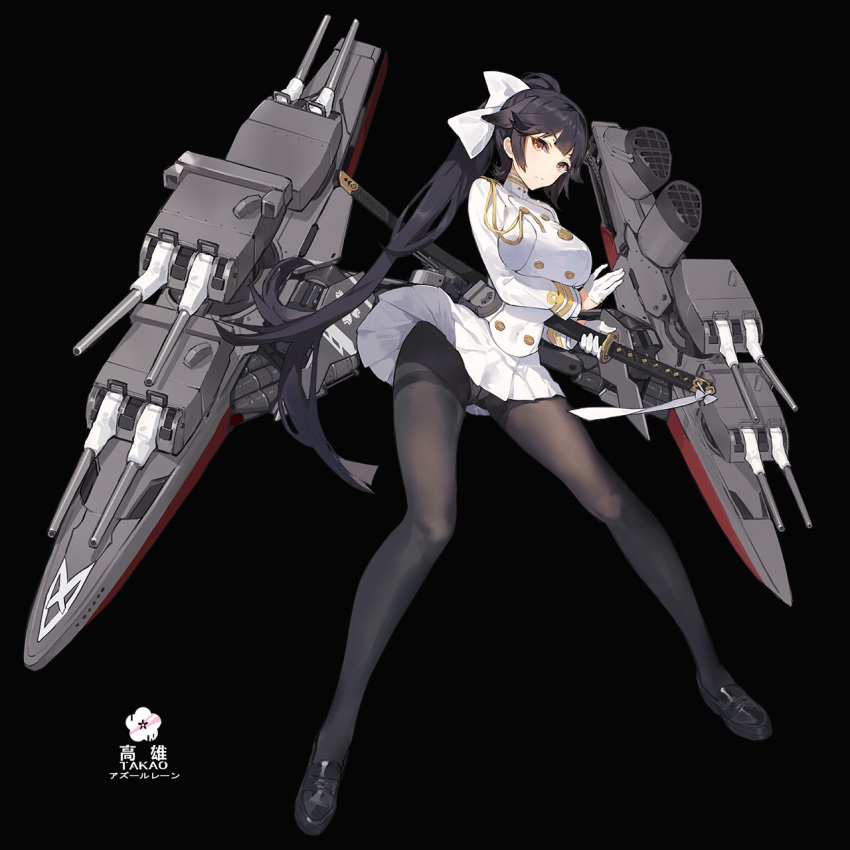 1girl bangs bilan_hangxian black_background black_hair black_legwear blunt_bangs blush breasts brown_eyes character_name closed_mouth commentary_request copyright_name crotch_seam double-breasted eyebrows_visible_through_hair highres holding holding_sword holding_weapon katana kishiyo large_breasts legs_apart long_hair military military_uniform panties panties_under_pantyhose pantyhose pantyshot pantyshot_(standing) pleated_skirt ponytail revision rigging sheath sheathed simple_background skirt solo standing sword tachi-e takao_(bilan_hangxian) thighband_pantyhose underwear uniform upskirt weapon white_panties white_skirt