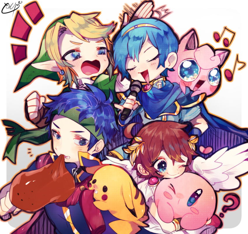 blue_eyes blue_hair brown_hair cape closed_eyes eating fire_emblem fire_emblem:_mystery_of_the_emblem fire_emblem:_souen_no_kiseki food gloves hat headband ike jigglypuff kirby kirby_(series) link looking_at_viewer male_focus marth meat multiple_boys open_mouth pikachu pit_(kid_icarus) pointy_ears pokemon pokemon_(creature) pokemon_(game) pokemon_rgby ragnell scarf short_hair smile super_smash_bros. the_legend_of_zelda the_legend_of_zelda:_twilight_princess tiara