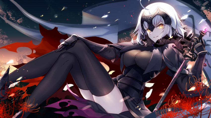 1girl ahoge armor armored_dress bison_cangshu black_gloves black_legwear blonde_hair breasts capelet commentary_request elbow_gloves fate/grand_order fate_(series) flower full_body gauntlets gloves headpiece highres jeanne_alter large_breasts legs_crossed looking_at_viewer md5_mismatch parted_lips ribbon ruler_(fate/apocrypha) solo spider_lily striped striped_ribbon thigh-highs thighs yellow_eyes
