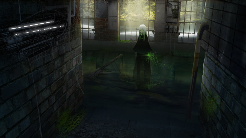 1girl asuteroid expressionless eyebrows_visible_through_hair green_eyes highres long_hair looking_away moss original partially_submerged solo wading water white_hair window