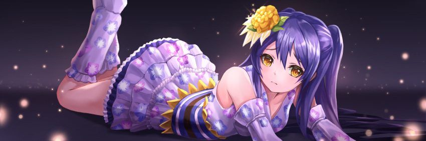 10s 1girl bangs bare_shoulders black_background blue_hair closed_mouth collarbone commentary_request detached_sleeves eyebrows_visible_through_hair feet_up floral_print flower hair_between_eyes hair_flower hair_ornament japanese_clothes kimono kimono_skirt kneehighs light_particles long_hair looking_away love_live! love_live!_school_idol_festival love_live!_school_idol_project lunacle lying obi on_floor on_stomach orange_eyes print_kimono print_legwear print_sleeves sash shiny shiny_hair sleeveless sleeveless_kimono solo sonoda_umi sparkle two_side_up white_kimono white_legwear yellow_flower