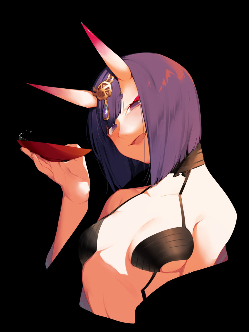 1girl black_background blush breasts cup fate/grand_order fate_(series) hair_ornament highres holding holding_cup horns looking_at_viewer menea oni oni_horns open_mouth purple_hair sakazuki short_hair shuten_douji_(fate/grand_order) small_breasts smile solo violet_eyes