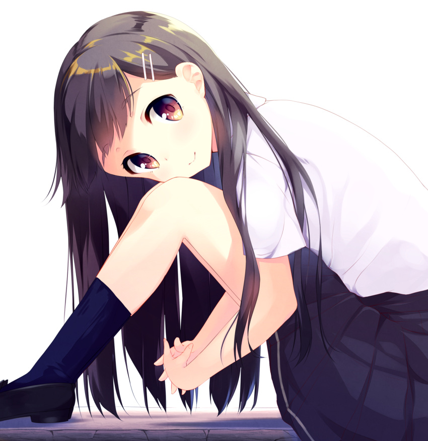 1girl :&gt; bangs black_hair black_shoes black_skirt brown_eyes closed_mouth from_side hair_ornament hairclip highres interlocked_fingers legs_together loafers long_hair looking_at_viewer mimura_zaja navy_blue_legwear original own_hands_together pleated_skirt red_eyes school_uniform shirt shoes short_sleeves sitting skirt smile socks solo white_shirt