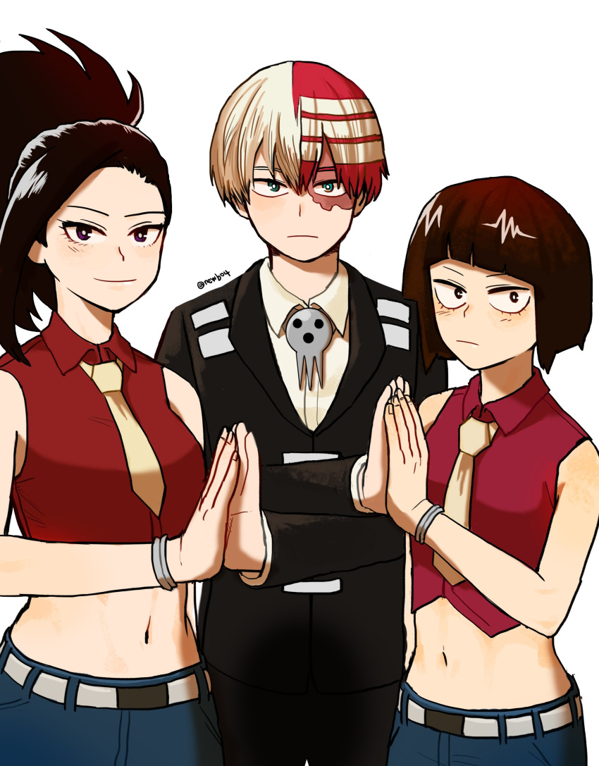 1boy 2girls absurdres bare_shoulders black_hair blush boku_no_hero_academia closed_mouth collared_shirt cosplay death_the_kid death_the_kid_(cosplay) elizabeth_thompson elizabeth_thompson_(cosplay) formal hands_together highres jirou_kyouka long_hair long_sleeves looking_at_viewer midriff multicolored_hair multiple_girls navel necktie note_(newb04) patricia_thompson patricia_thompson_(cosplay) ponytail redhead shirt short_hair sideburns simple_background skull sleeveless smile soul_eater striped suit todoroki_shouto two-tone_hair white_background white_hair yaoyorozu_momo