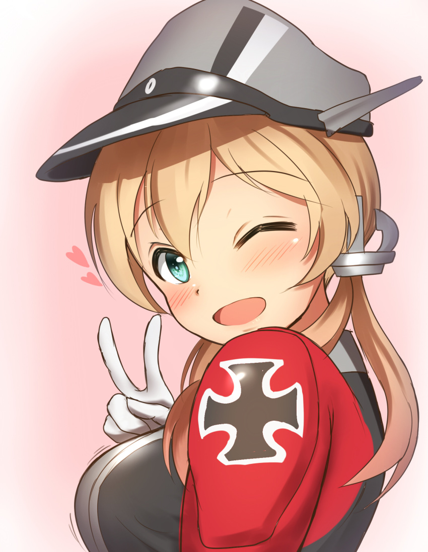 1girl ;d anchor_hair_ornament aqua_eyes blonde_hair blush bouncing_breasts breasts close-up commentary_request eyebrows_visible_through_hair from_side gloves grey_hat hair_ornament hat heart highres iron_cross kantai_collection long_hair looking_at_viewer looking_to_the_side low_twintails maku_ro medium_breasts military military_uniform motion_lines one_eye_closed open_mouth peaked_cap pink_background prinz_eugen_(kantai_collection) simple_background smile solo tareme twintails uniform upper_body v very_long_hair white_gloves
